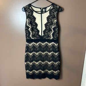 Nude and black lace body con dress